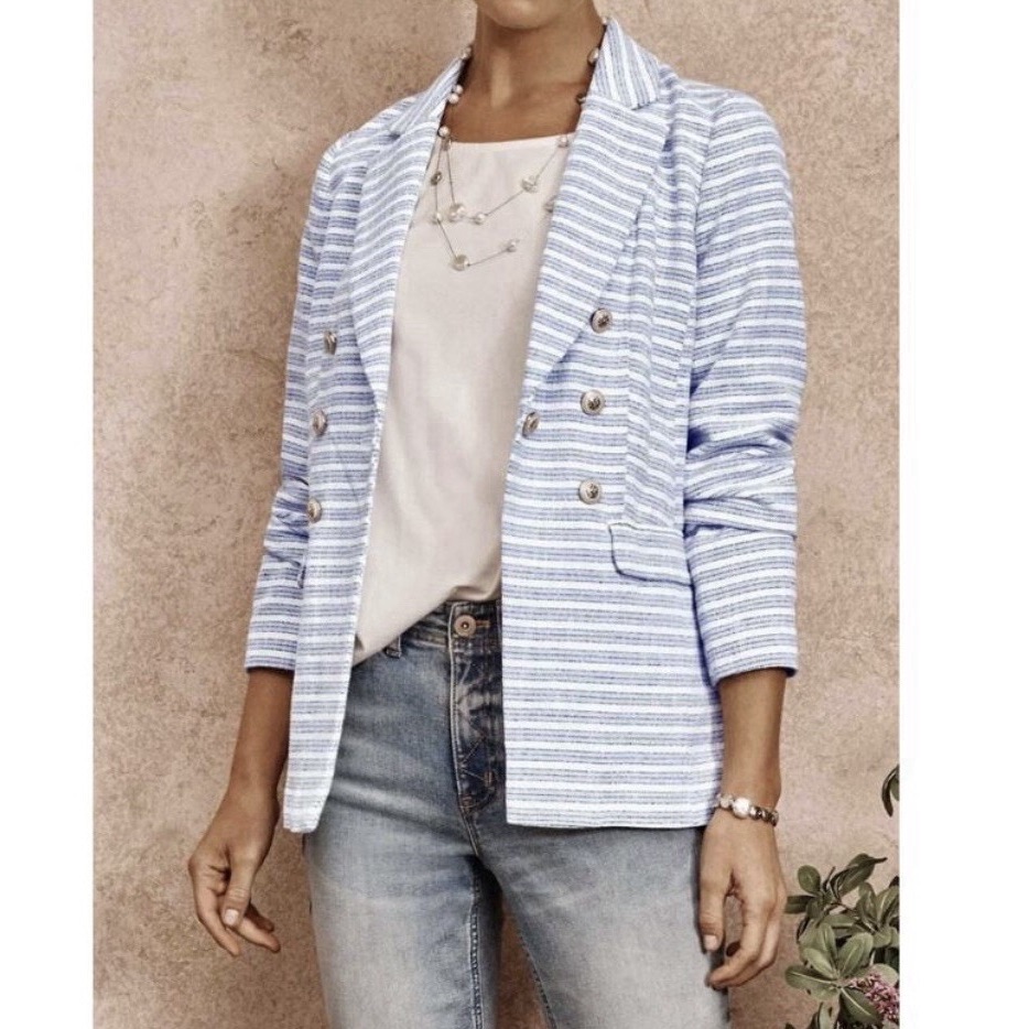J.Jill Blue & White Striped Spectator Blazer Size Xs